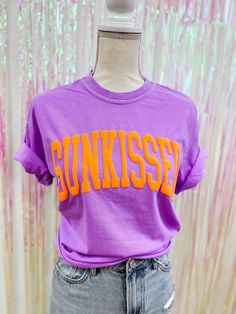 Sunkissed Puff Tee •s-3x •puff print •unisex sizing •gorgeous summer colors: Hot Pink, Neon Orange, Electric Purple, Royal Blue and our newest color… Summer Sunset! •tat 14 business days Bell Skirt, Electric Purple, Cricut Shirts, Snorkel Set, Color Ways, Summer Vacations, Puff Print, Tshirt Ideas, Pink Neon