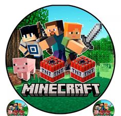 an image of the minecraft logo with some people standing around it and one is holding two