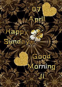 an image of happy sunday good morning with gold flowers and hearts on black background,