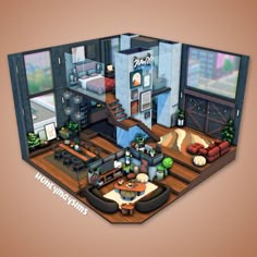 an animated view of a living room and kitchen