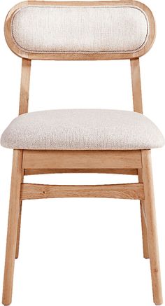 a wooden chair with a white cushion on it