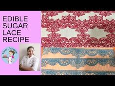 a woman is standing in front of some fabrics and laces with the words edible sugar lace recipe on it