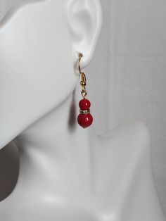 "Lovely Red Glass Beaded Earrings with Gold Plated Rhinestone Accent Beads finished with Stick Gold Plated Hooks handmade 1.5 inch Dainty, lightweight sparkly earrings Makes a great gift or treat yourself to these beautiful treasures. Approximately 1.5\" length 6 & 8 mm red glass beads Gold plated hook ear wires with clear backs to help keep in place, nickel free hypoallergenic  JEWL 624 Packaged in a beautiful organza bag ready for gift giving! Follow my shop for the latest added handmade jewel Gold Red Earrings, Earrings Handmade Beaded, Burgundy Earrings, Victorian Style Earrings, Handmade Beaded Earrings, Murano Glass Earrings, Earrings Bead, Crystal Teardrop Earrings, Stick Earrings