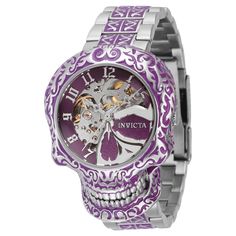 This beautiful Invicta Artist watch contains a precise Automatic movement in addition to a silver, purple case. Its face displays a silver, purple, metal dial protected by a highly resistant Flame Fusion Crystal. This timepiece is completed by a steel, purple, stainless steel band and it offers water resistance of up to 100 m. The extraordinary vision of two perspectives merge to achieve creative and technical glory for the Invicta Artist Series. Utilizing a carefully selected Invicta model, the Purple Chronograph Watch Accessories With Round Dial, Modern Purple Watch With Round Dial, Purple Quartz Watch Accessory With Round Dial, Luxury Purple Watch For Formal Occasions, Luxury Purple Watches For Formal Occasions, Invicta Watches Women, Diamond Watches, Purple Cases, Premium Watches