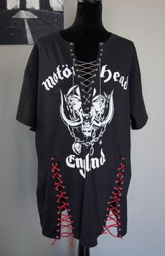 "Diy shirt Motörhead Lemmy Ace of spades top with front lace up sides oversized SIZES small 36-38\" chest medium 38-40\" chest large 40-42\" chest xlarge 45-45\" chest" Chain Shirts Diy, Cut Up Concert Shirt Diy, Distressed Shirt Ideas, Upcycled Punk Clothes, Cute Cut Shirts Diy, Oversized Shirt Diy, Alt Shirt Diy, Oversized Tshirt Diy, Diy Cut Up Shirt Ideas