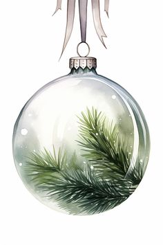 a christmas ornament with a pine tree branch hanging from it's side