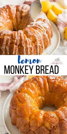 lemon monkey bread on a white plate with the title above it and in the background