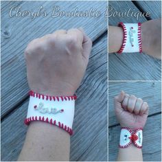 the baseball bracelet is decorated with red and white beads