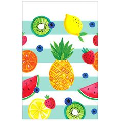 a card with watermelon, lemons and blueberries on striped paper in the background