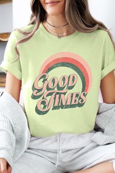 Good Times Graphic T Shirts.Unisex Crew Neck Short Sleeve Tees.Crafted from premium materials, tailored to your lifestyle, ensuring a comfortable fit for any occasion.Family Group Uniforms Birthday Party Gift Concert Festival Events.High Quality Direct To Film Printed Graphic Design.100%COTTON,HEATHER(52%COTTON,48%POLY),ATH.HEATHER,BLACK HEATHER(90%COTTON,10%POLY)NICARAGUAMade In: Nicaragua Trendy Summer T-shirt With Lettering, Spring Graphic Tee With Lettering, Retro Relaxed Fit Tops With Lettering, Summer Cotton Tops With Lettering, Cotton Summer Tops With Lettering, Cotton Tops With Lettering For Summer, Green Graphic Tee With Lettering, Fun Green Tops With Text Print, Fun Green Top With Text Print