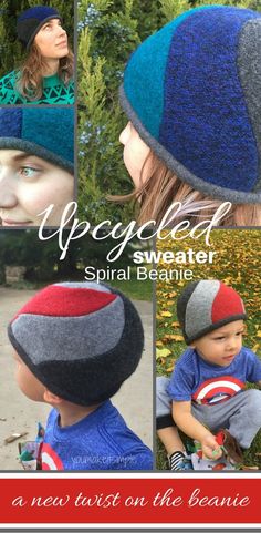 a collage of photos with the words project sweater spiral beanie written on it