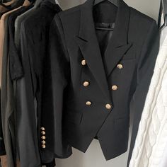 Luxurious Feel, Brand New Luxury Black Outerwear With Gold Buttons, Luxury Black Blazer With Gold Buttons, Luxury Black Double-breasted Blazer, Tailored Black Blazer With Gold Buttons, Black Luxury Blazer For Office, Luxury Black Office Blazer, Tailored Black Outerwear With Gold Buttons, Black Blazer With Gold Buttons For Work, Fitted Black Outerwear With Gold Buttons