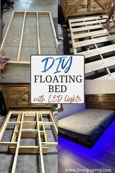 diy floating bed with led lights made out of pallet wood and plywood