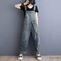 Lasaky - Vintage Loose-Fit Denim Overalls with Literary Style Oversized Overalls, Baggy Overalls, Womens Denim Overalls, Denim Suspenders, Rompers Womens Jumpsuit, Jumpsuit Casual, Suspender Pants, Denim Romper, Vintage Pants