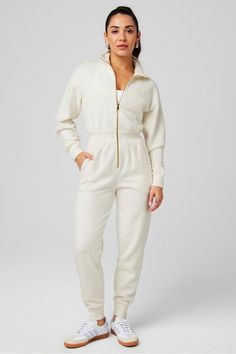 Cozy Cord Zip Onesie Fabletics white female Activewear >> Womens >> One-Pieces regular Lounge Female Activewear, Athletic Style, Athletic Fashion, Active Wear For Women, Jumpsuits For Women, Pant Jumpsuit, Onesies, Elastic Waistband, Off The Shoulder