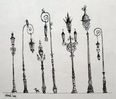 an ink drawing of street lamps in different styles and sizes, all lined up against a white background