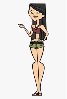 a cartoon girl with long black hair wearing shorts and a tank top holding a cell phone