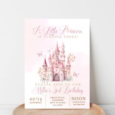 a pink princess birthday party card with a castle on it