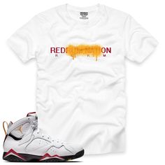 "Cardinal 7 Spray Redrum Nation T-Shirt with print on a premium 100% cotton true-to-size regular classic fit available in white short sleeve t-shirt design for the Air Jordan 7 Retro \"CARDINAL\" 2022. Wear this comfortable short sleeve T-shirt on any occasion. (sneakers showed not included) REDRUM CLOTHING is an independent sneaker-based line to compliment all Jordans/Foamposite or any shoe we do not have any affiliation with Air Nike/Jordan brand. True to size Regular fit T-shirt 100% cotton, Retro 7, All Jordans, Jordan 7, Foam Posites, Nike Jordan, Air Jordan, Jordan, White Shorts, Baskets