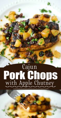 pork chops with apple chutney on a white plate