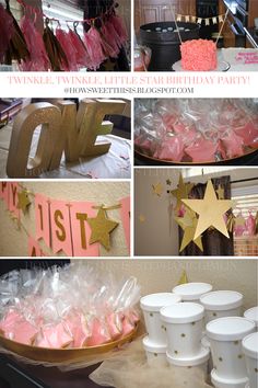 a collage of photos with pink and gold decorations on it, including cupcakes