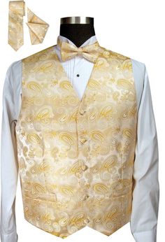 Men's Vest Set 100% Polyester Jacqnard Vest W/Bow Tie , Tie And Hanky V003 Fitted White Sets With Bow Tie, White Fitted Sets With Bow Tie, Yellow Fitted Bow Tie For Formal Occasions, Formal Fitted Yellow Bow Tie, Formal Yellow Bow Tie, Formal Yellow Fitted Bow Tie, Elegant Fitted Ties For Fall, Classic Fitted Sets With Ties, Gold Formal Sets For Fall