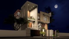 an artist's rendering of a modern house at night