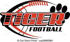 the tiger football logo is shown in red and black with an orange paw on it