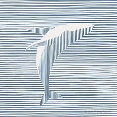 a blue and white drawing of a bird flying through the air with lines on it