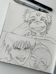 a drawing of two anime characters next to each other on a piece of white paper