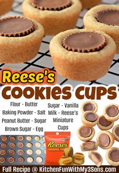 an advertisement for reese's cookies cups featuring peanut butter, sugar - vanilla and mini - brown sugar