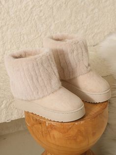 1pair Women's Solid Color Mid-Calf Furry Snow Boots With Thick PVC Soles, Fur Trimmed Top, Cozy And Warm, Autumn And Winter Beige         Women Shoes, size features are:Bust: ,Length: ,Sleeve Length: Beige Round Toe Winter Booties, Winter Round Toe Booties, Comfortable Winter Booties With Round Toe, Beige Closed Toe Winter Booties, Cream Round Toe Winter Booties, Winter Beige Closed Toe Booties, Casual Booties With Faux Fur Lining And Round Toe, Casual Booties With Plush Lining And Round Toe, Casual Round Toe Booties With Plush Lining