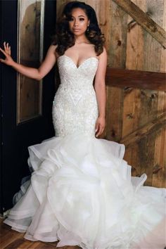 Luxurious Mermaid Beading Wedding Dresses Sweetheart Neck Ruffless Skirt Bridal Gowns-Ballbella Wedding Dresses Sweetheart, Ruffles Skirt, Open Backs, Western Wedding Dresses, Boda Mexicana, Wedding Silhouette, Sweetheart Wedding Dress, Wedding Winter, Wedding Dresses Beaded