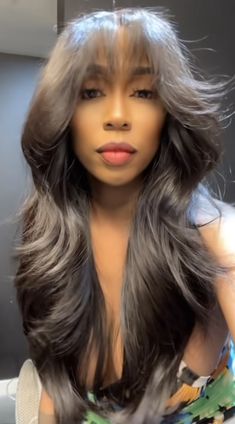 Layered Bangs Hairstyles Black Women, Closure Sewin With Bangs, Curtain Bangs Weave Black Women, Full Sewin With Bangs, Middle Part Curtain Bangs Black Women, Curtain Bang Quick Weave, Feathered Bangstyle Hair Black Women, Sew In Weave With Closure Curtain Bangs