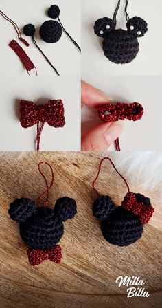 crocheted mickey mouse ornament with red sequins and black ears