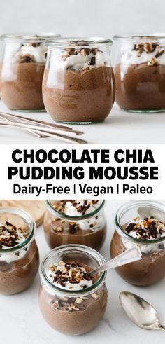 chocolate chia pudding mousse in small glass jars with spoons on the side