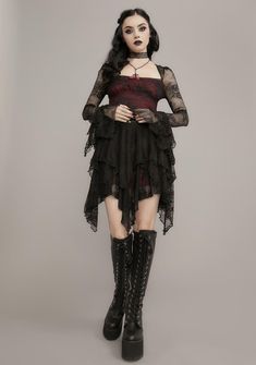 for when you're feeling sinister. You're seeing more than ghosts in this mini skirt with a tiered construction, a lace fabric design, a high rise waistline, and a handkerchief hem with lettuce trim. Pink Emo, Punk Plaid, Occult Fashion, Lace Mini Skirt, Victorian Goth, Goth Dress, Rocker Chic, Alt Fashion, Handkerchief Hem