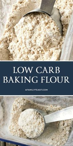 low carb baking flour in a plastic container with spoons on the side and text overlay reading low carb baking flour