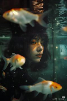 a woman looking at goldfish in an aquarium with other fish swimming around her head