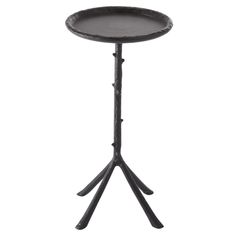 a black table with three legs and a tray on it