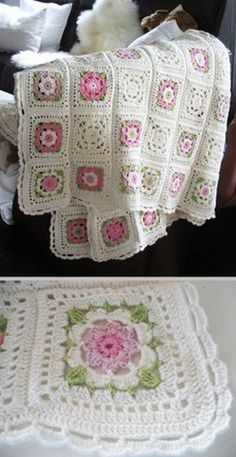 there is a crocheted blanket that looks like it has pink flowers on it