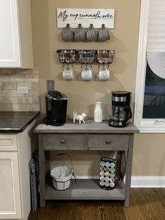 a coffee bar in the corner of a kitchen