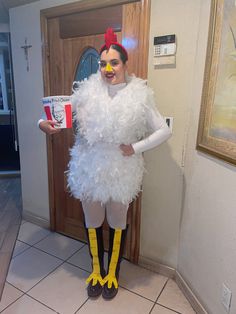 Halloween Chicken Theme Trunk Or Treat, Crazy Chicken Lady Costume, Adult Chicken Costume Diy, Diy Chicken Costume Women, Kfc Halloween Costume, Homemade Chicken Costume, Adult Chicken Costume, Chicken Little Costume