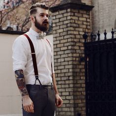 beard and mustache beards bearded man men mens' style suspenders bowtie dapper retro vintage look tattoos tattooed hairstyle hair cut barber #goodhair #beardsforever Hipster Groom, Beards And Mustaches, Hipster Wedding, Vintage Man, Beard Tattoo, Hipster Man, Hipster Mens Fashion, Vintage Clothing Men, Beard No Mustache