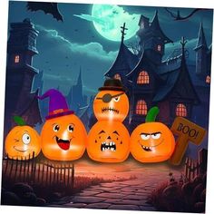 a group of pumpkins with faces on them in front of a house at night