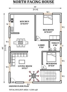 the north facing house floor plan is shown with measurements for each bedroom and kitchen area