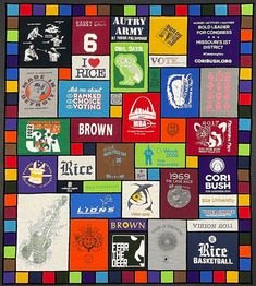 a quilt with many different logos on it