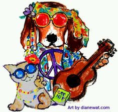 a drawing of a dog wearing sunglasses and holding a guitar