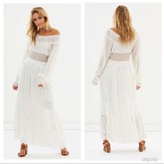 Stunning Free People Tina Maxi Dress In Ivory, Size Xs. The Color Really Is Much Closer To White. Ethereal Maxi Dress Pieced With Beautiful Crochet And Embroidered Sheer Mesh Detailing. Elastic Waistband Ruffled Cuffs With Elastic Band Scalloped Hem Skirt Is Lined Pull-On Style It Is Absolutely Beautiful! Very Flattering, And Lined In All The Important Places. It Hurts To Sell It But I Just Haven’t Found The Right Occasion. Ask Any Questions! Thank You For Looking White Bohemian Off-shoulder Maxi Dress, White Flowy Maxi Dress With Lace Trim, Flowy White Maxi Dress With Lace Trim, White Off-shoulder Loose Fit Maxi Dress, White Fitted Bohemian Maxi Dress, Off White Long Sleeve Maxi Dress For Beach, White Ethereal, Maxi Dress White, Hem Skirt