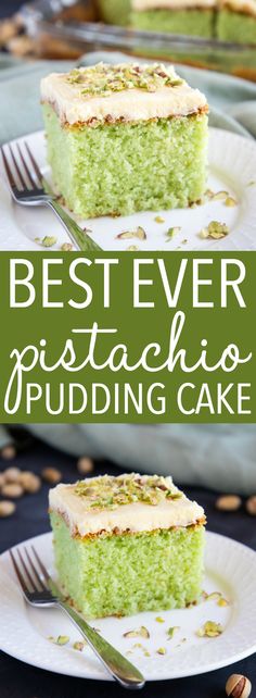 the best ever pistachio pudding cake is on a white plate with a fork